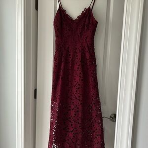 ASTR the label maroon a line lace midi dress.